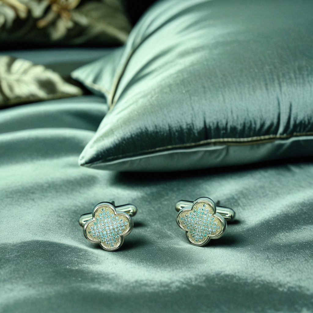 QUATREFOIL CUFFLINKS 18k Gold Plated , Sterling Silver with Emerald Stones .