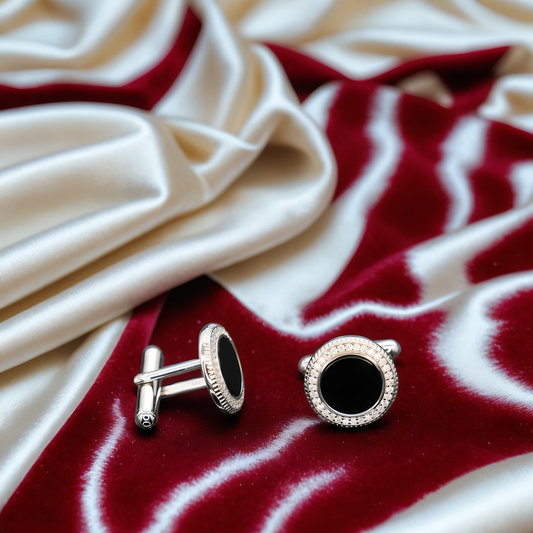 “AURORA HALO” Cufflinks , Sterling Silver set with Black Onyx & Moissanite