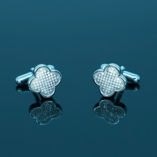 QUATREFOIL CUFFLINKS - Rhodium Plated Sterling Silver set with Moissonite Stones.