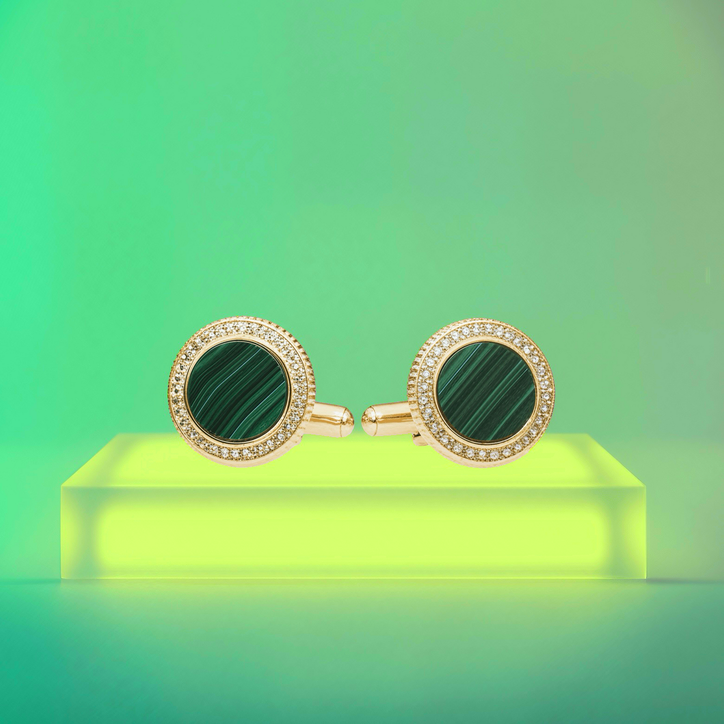 “AURORA HALO” Cufflinks. Sterling Silver set with Malachite & Peridot or Moissonite